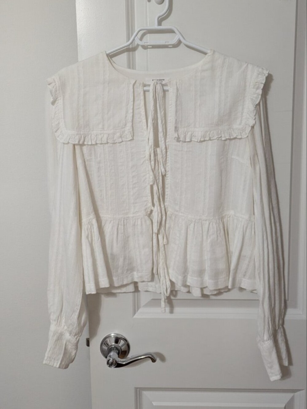 Peppermayo Cream Peasant Tie-Front Blouse with Ruffle Collar